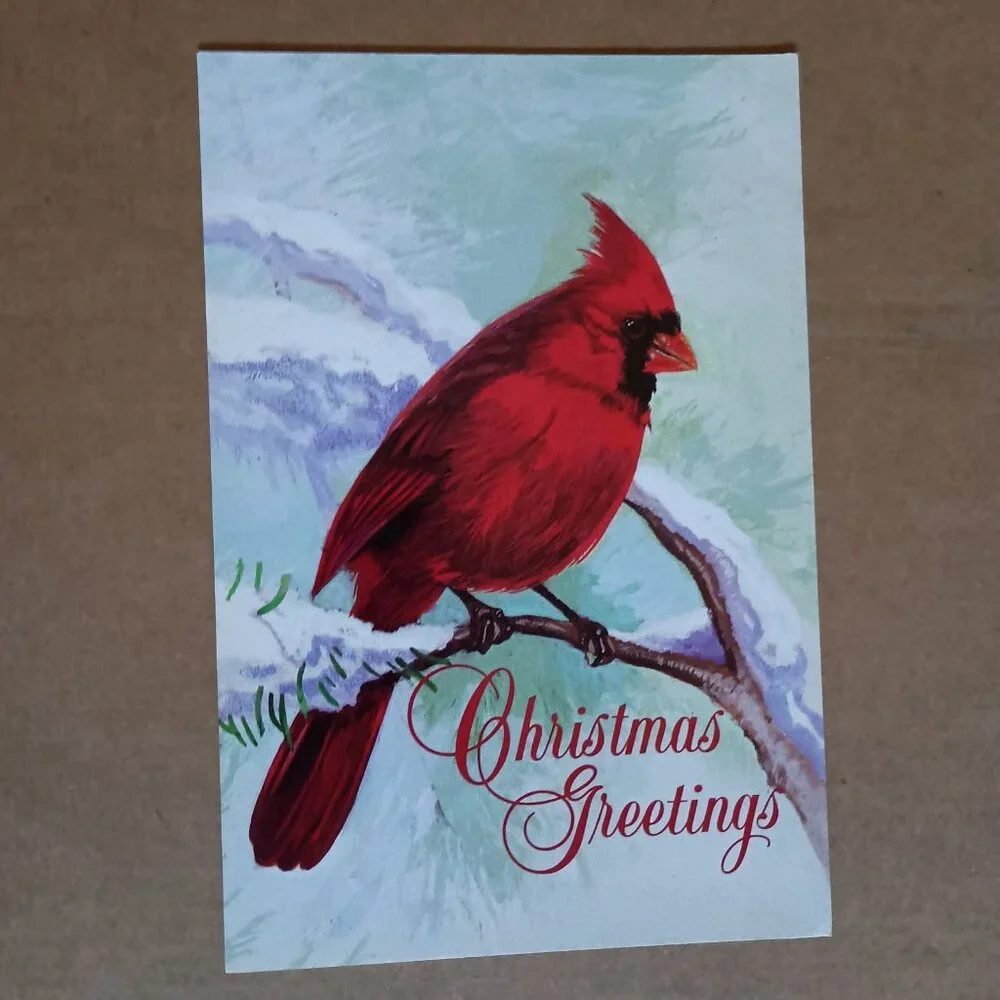 14 vintage Christmas cards with envelopes cardinal on a snow covered pine branch
